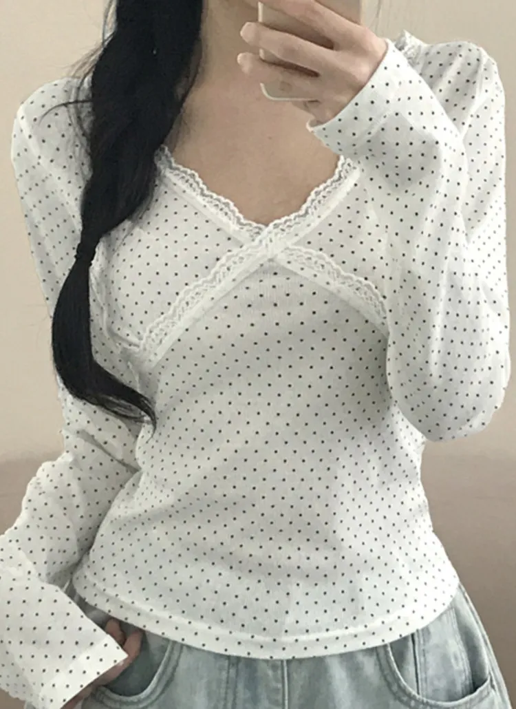 レースVネックドットTシャツ | creamsugar | 詳細画像1